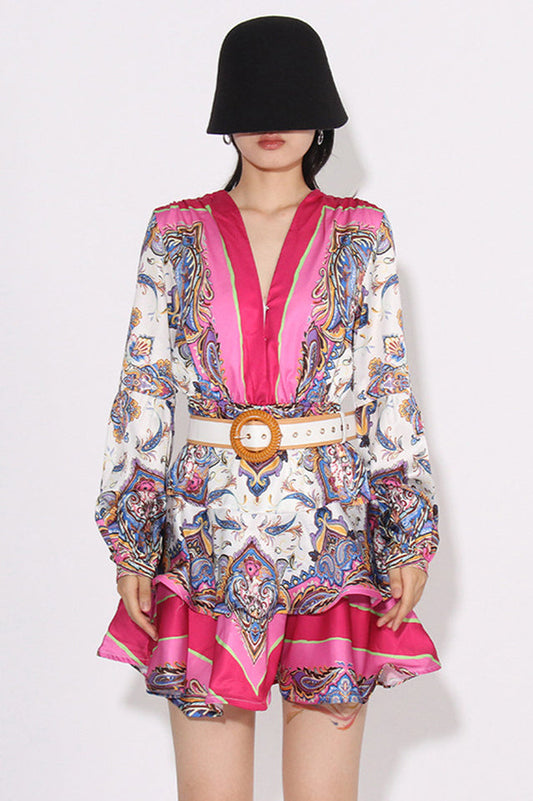 Paisley Print V-Neck Mini Dress With Belt