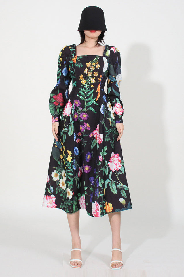 Printed Long Sleeve Cotton-Blend Midi Dress
