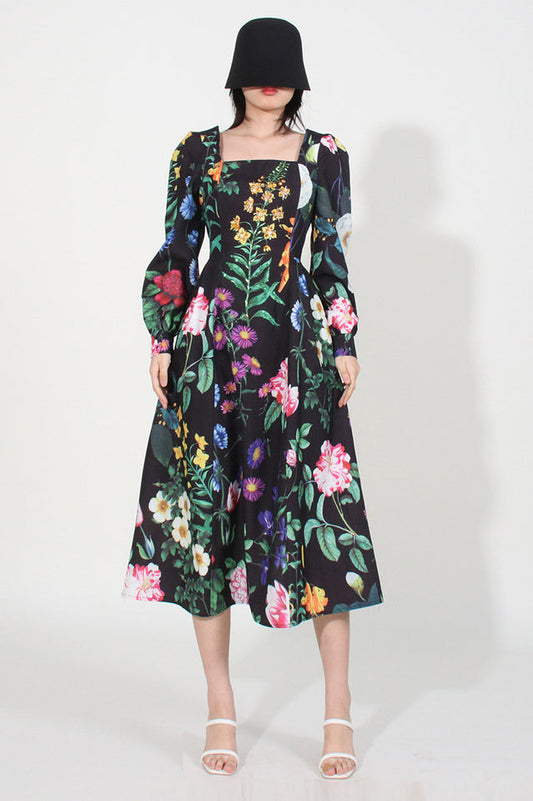 Printed Long Sleeve Cotton-Blend Midi Dress