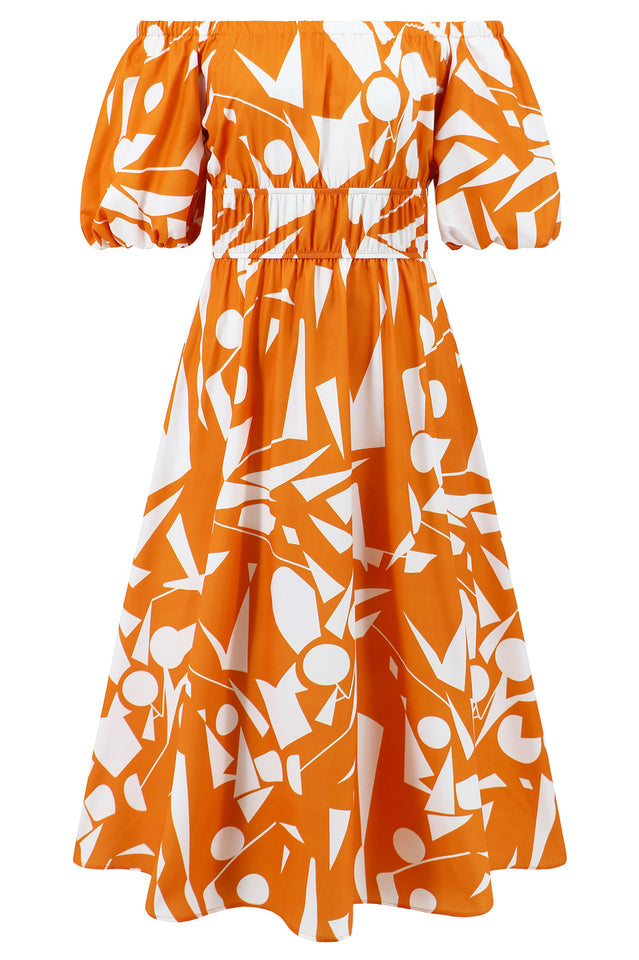 Printed Off Shoulder Balloon Sleeve Dress