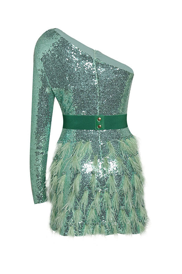 Daria One Shoulder Sequin Feather Dress