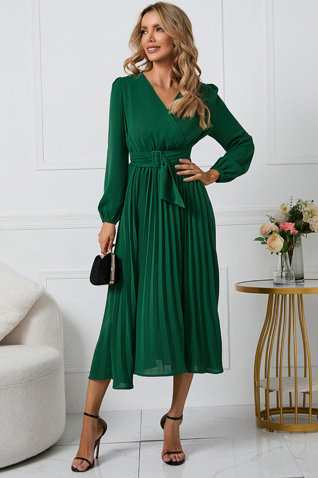 Pleated Belt V-Neck Dress