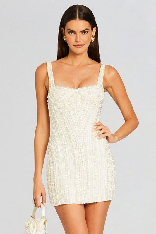 Pearl Studded White Mini Dress