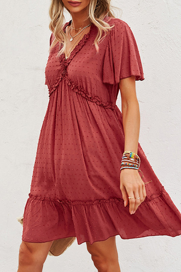 Solid Color V Neck High Waist Casual Dress