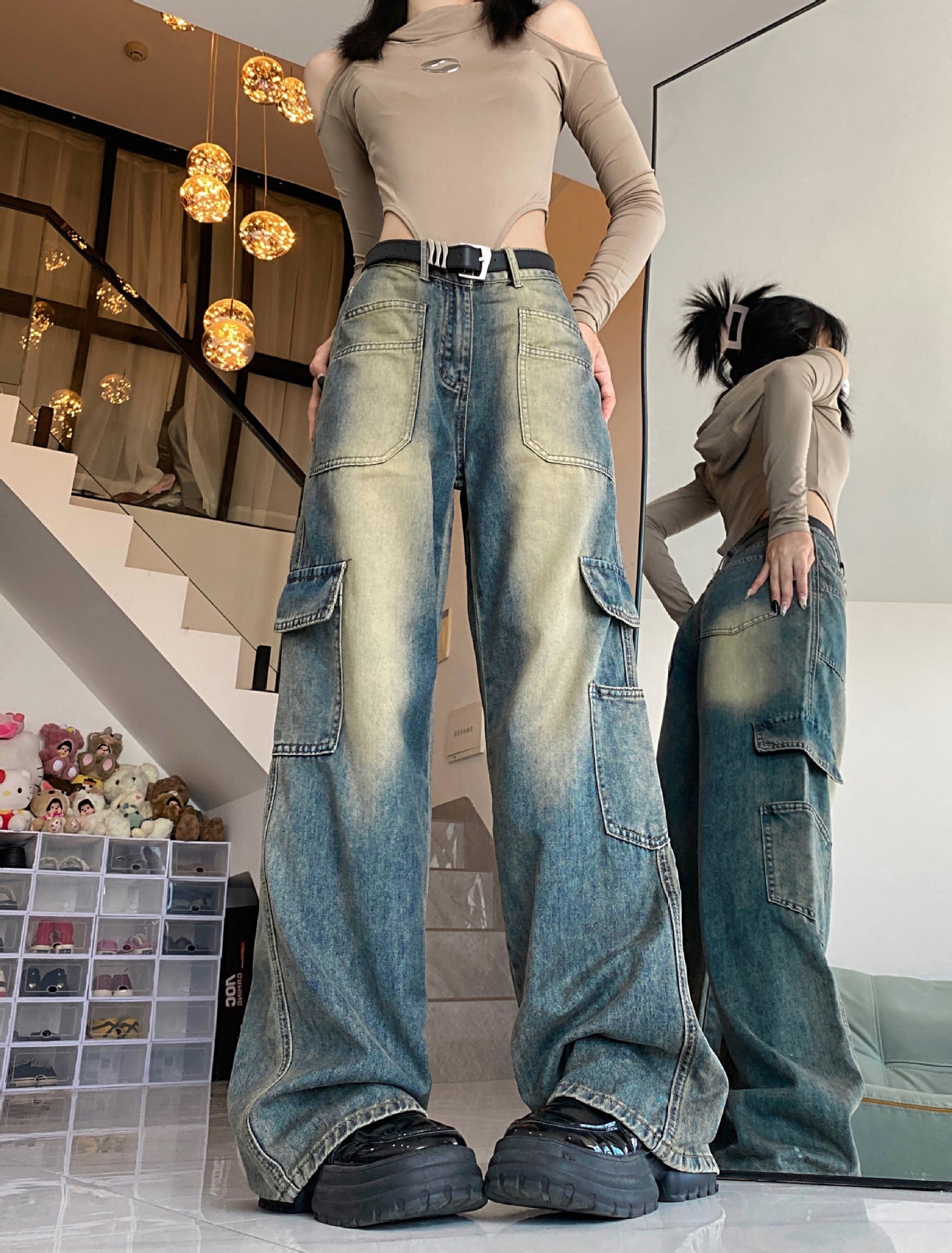 American Vintage Style Pocket Cargo Boyfriend Jeans