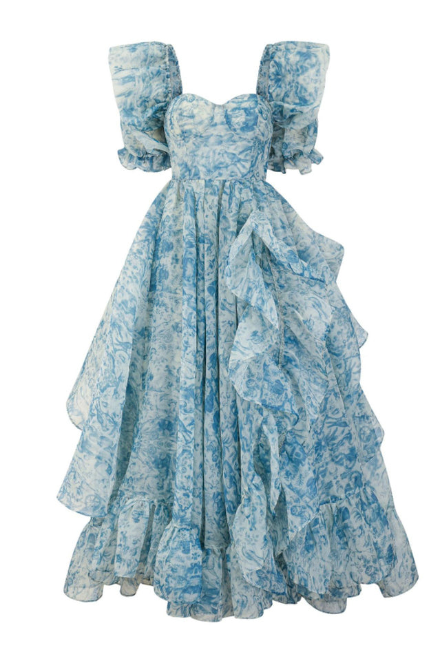 Puff Sleeve Floral Organza Layered Split Dress