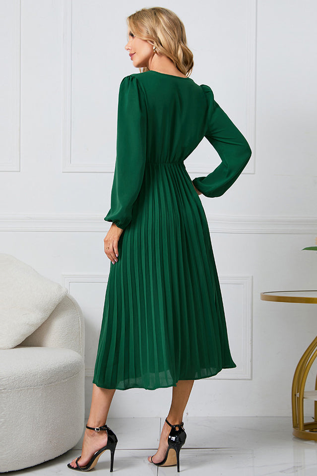 Pleated Belt V-Neck Dress