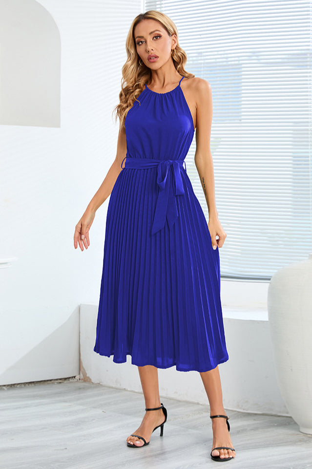 Pleated Spaghetti Strap Tie Waist Midi Dress