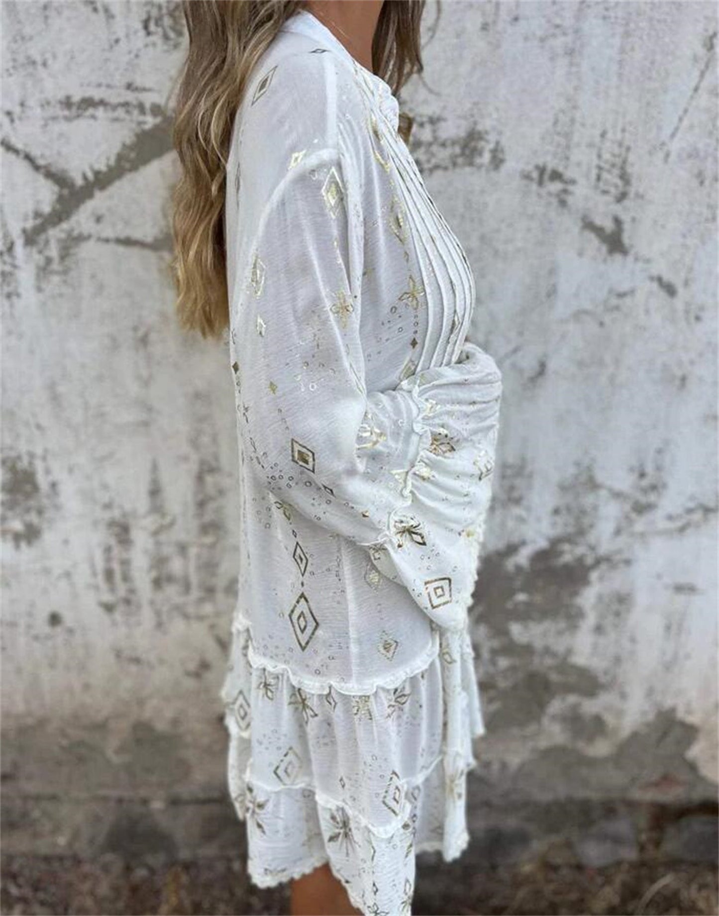 Gilded Lace Sleeve Hollow Bohemian Dress