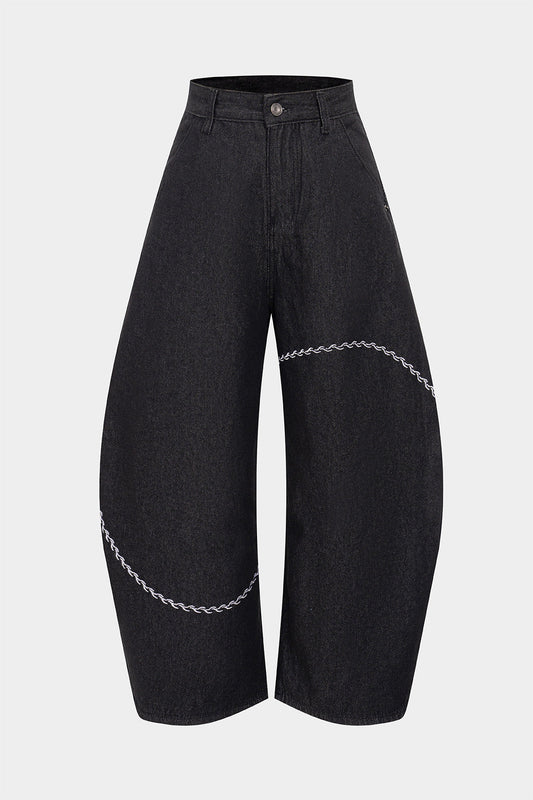 Denim Embroidery Wide Leg Barrel Jeans