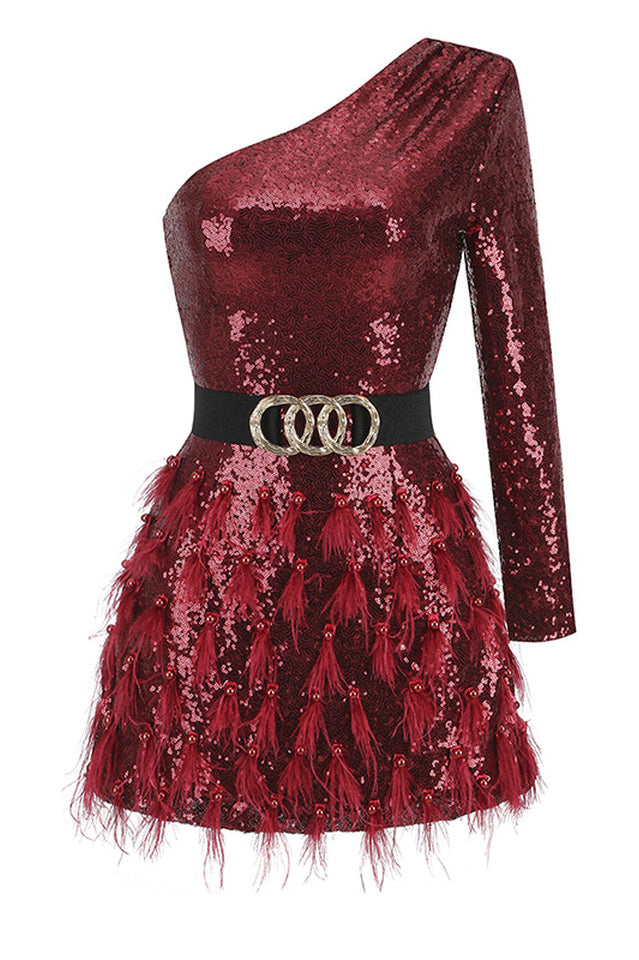 Daria One Shoulder Sequin Feather Dress