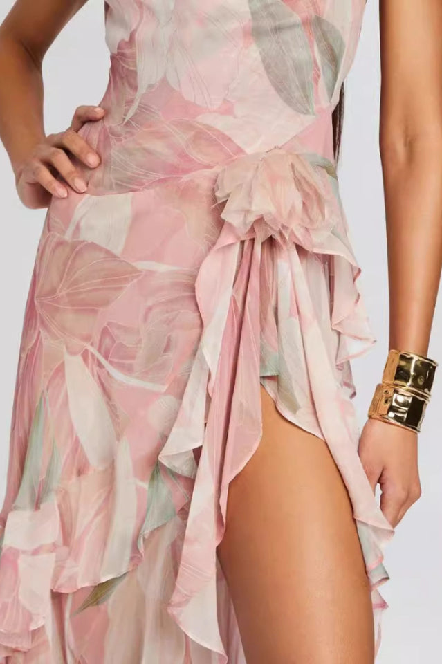 Printed Ruffle Asymmetric Maxi Dress