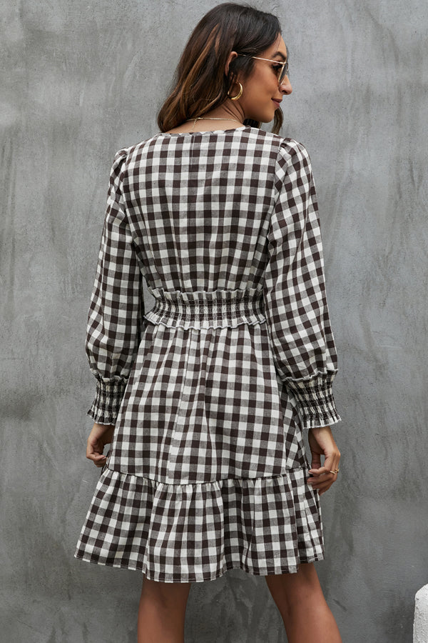 Fashion Plaid Print Rulle Hem Mini Dress