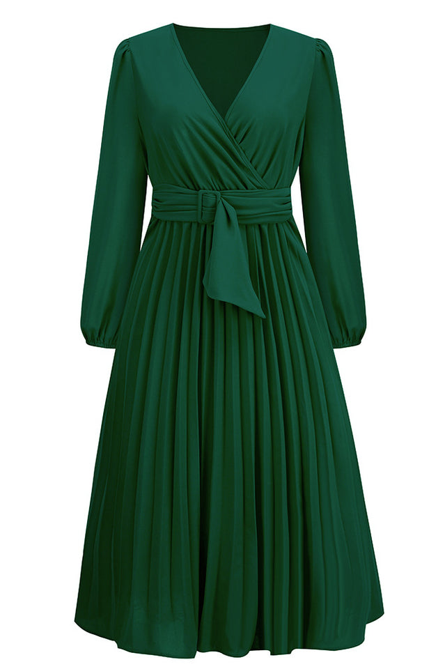 Pleated Belt V-Neck Dress