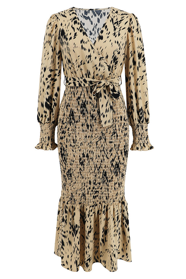 Printed V Neck Smocked Midi Dress
