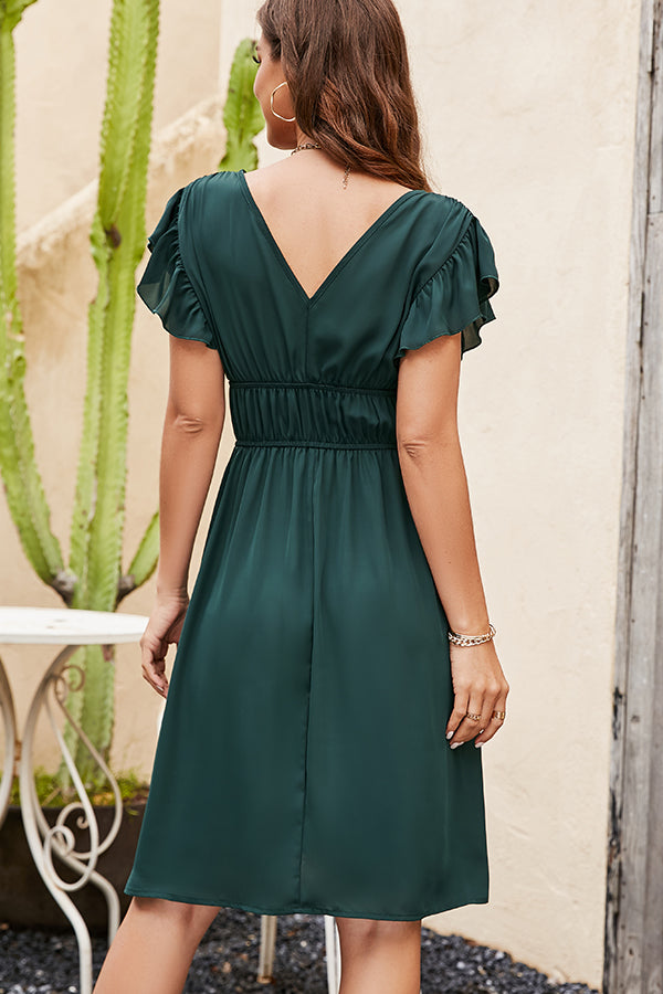 Solid Color V Neck Ruched Casual Dress