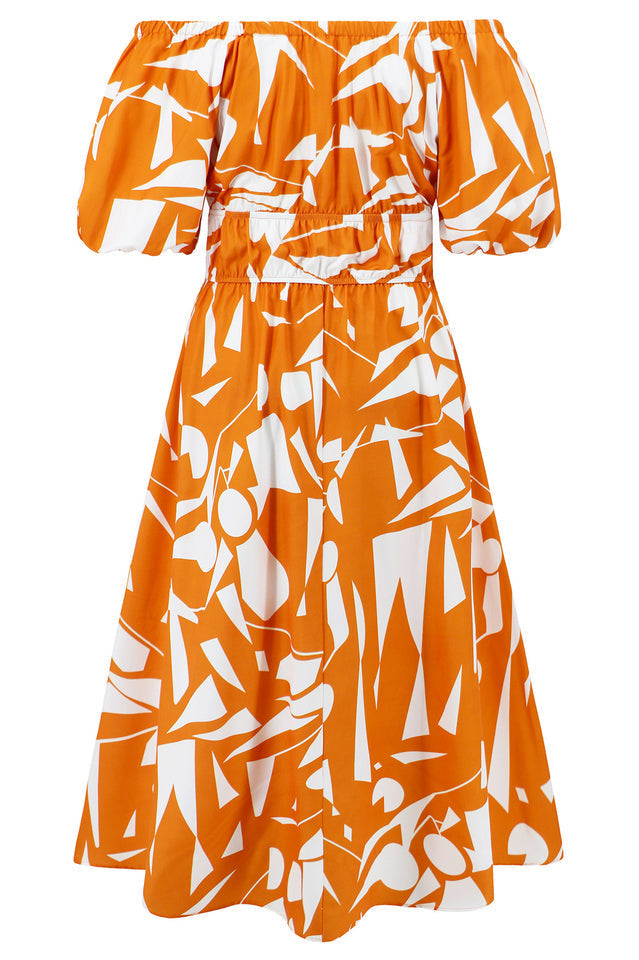 Printed Off Shoulder Balloon Sleeve Dress