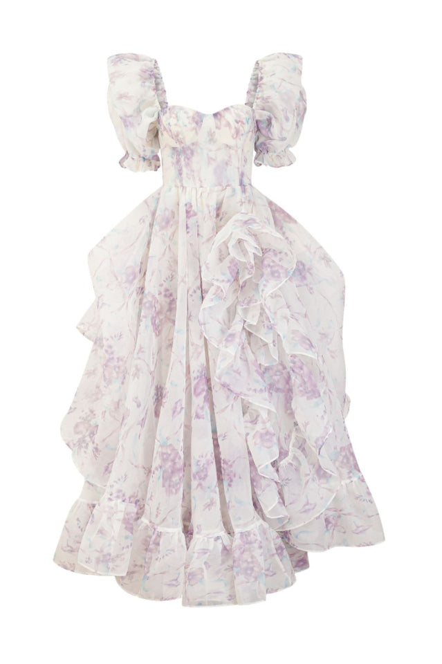 Puff Sleeve Floral Organza Layered Split Dress