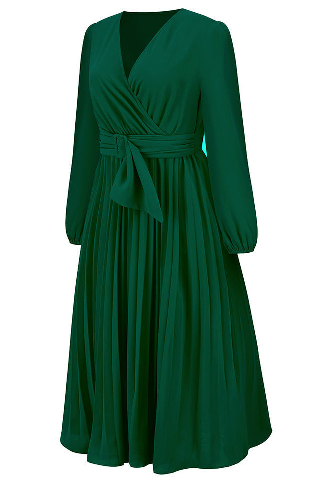 Pleated Belt V-Neck Dress