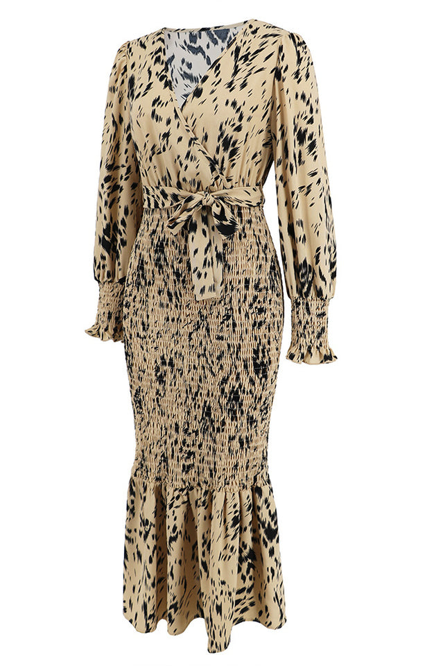 Printed V Neck Smocked Midi Dress