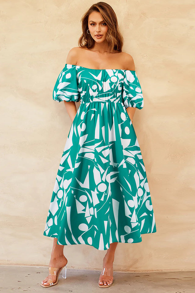 Printed Off Shoulder Balloon Sleeve Dress