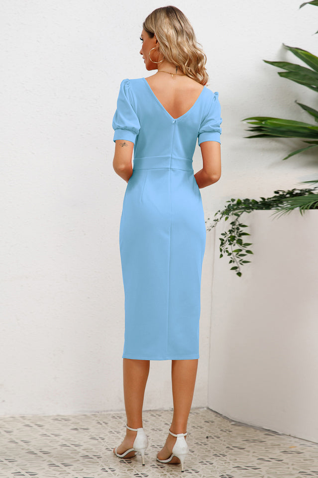 Puff Sleeve Ruffle Slit Bodycon Midi Dress