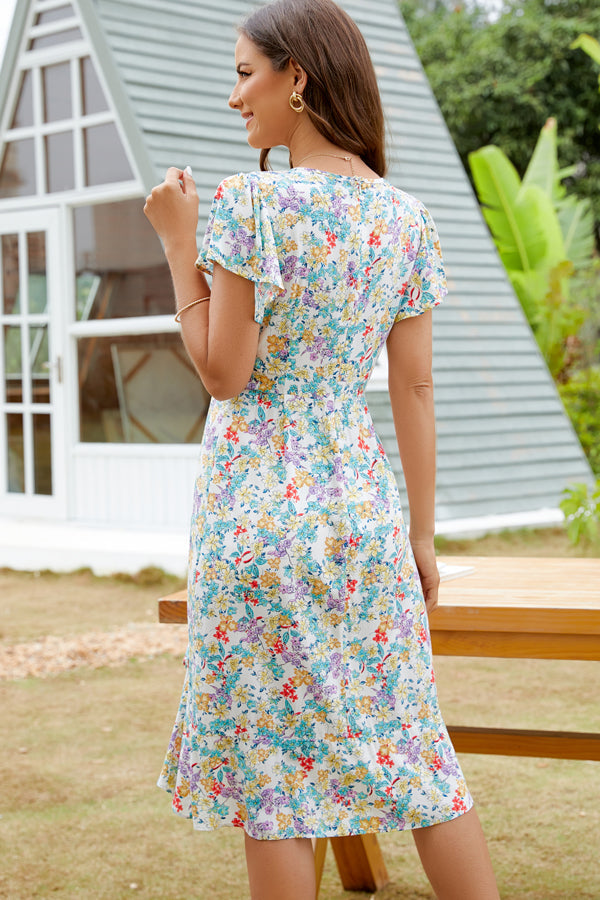 Fashion V Neck Floral Print Ruffle Hem Mini Dress