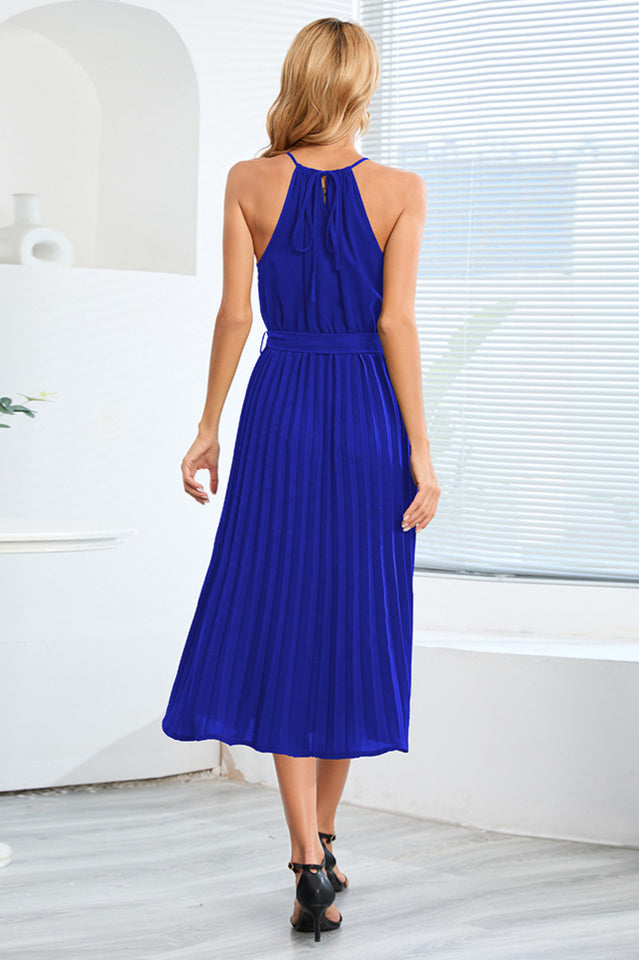 Pleated Spaghetti Strap Tie Waist Midi Dress