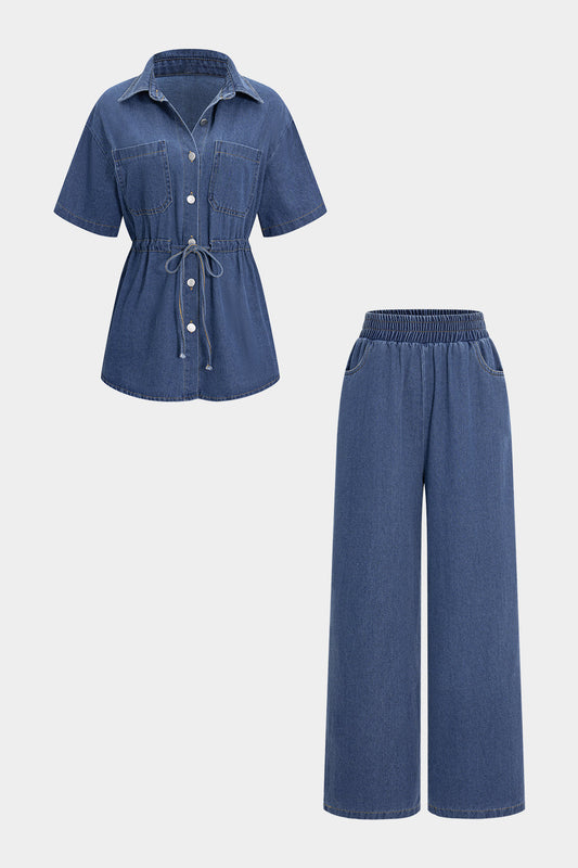Denim Drawstring Buttons Top And Jeans Set