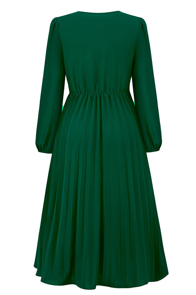 Pleated Belt V-Neck Dress