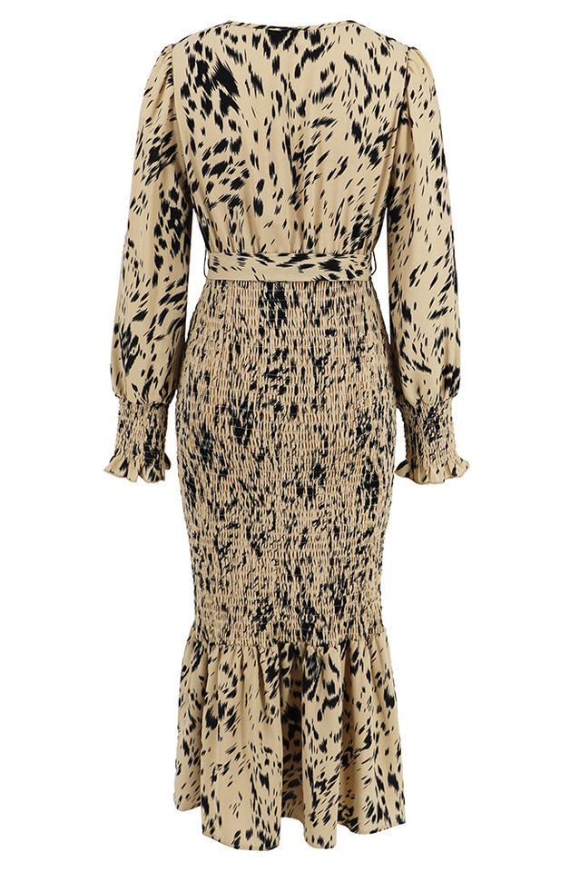 Printed V Neck Smocked Midi Dress