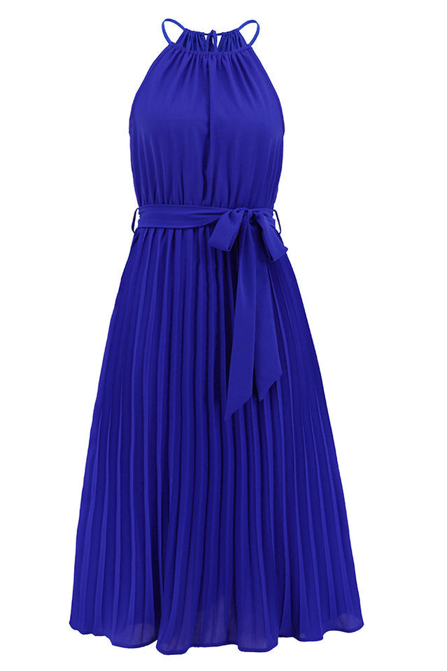 Pleated Spaghetti Strap Tie Waist Midi Dress