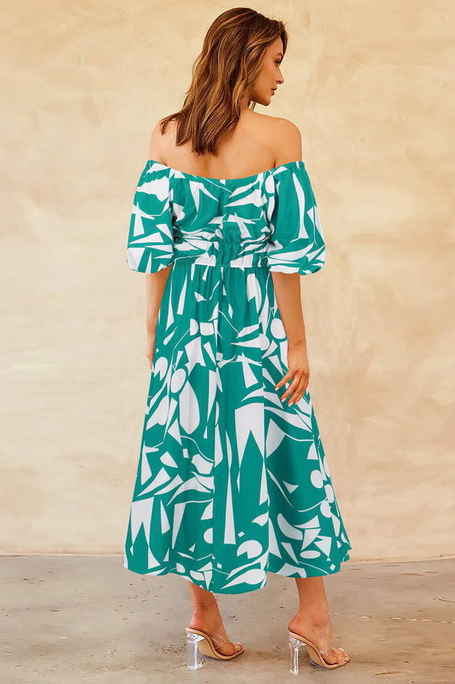 Printed Off Shoulder Balloon Sleeve Dress