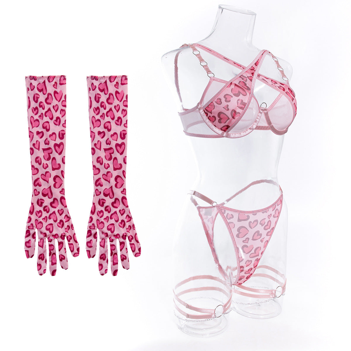 Playful Heart-Print Mesh Lingerie Set - StylinArts