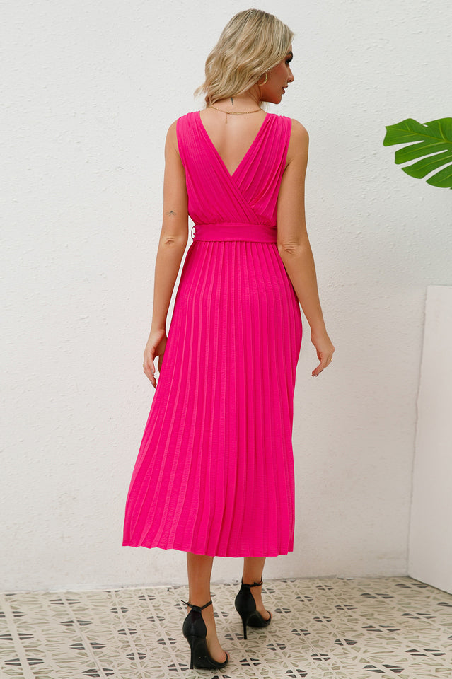 Pleated Sleeveless Dress with Belt