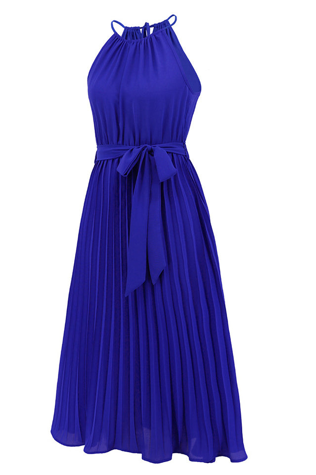 Pleated Spaghetti Strap Tie Waist Midi Dress