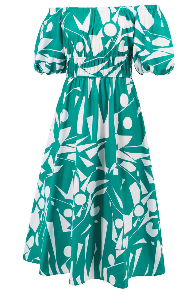 Printed Off Shoulder Balloon Sleeve Dress
