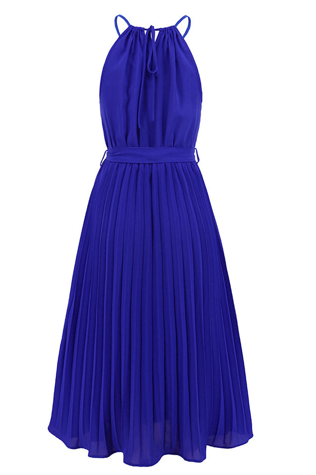 Pleated Spaghetti Strap Tie Waist Midi Dress