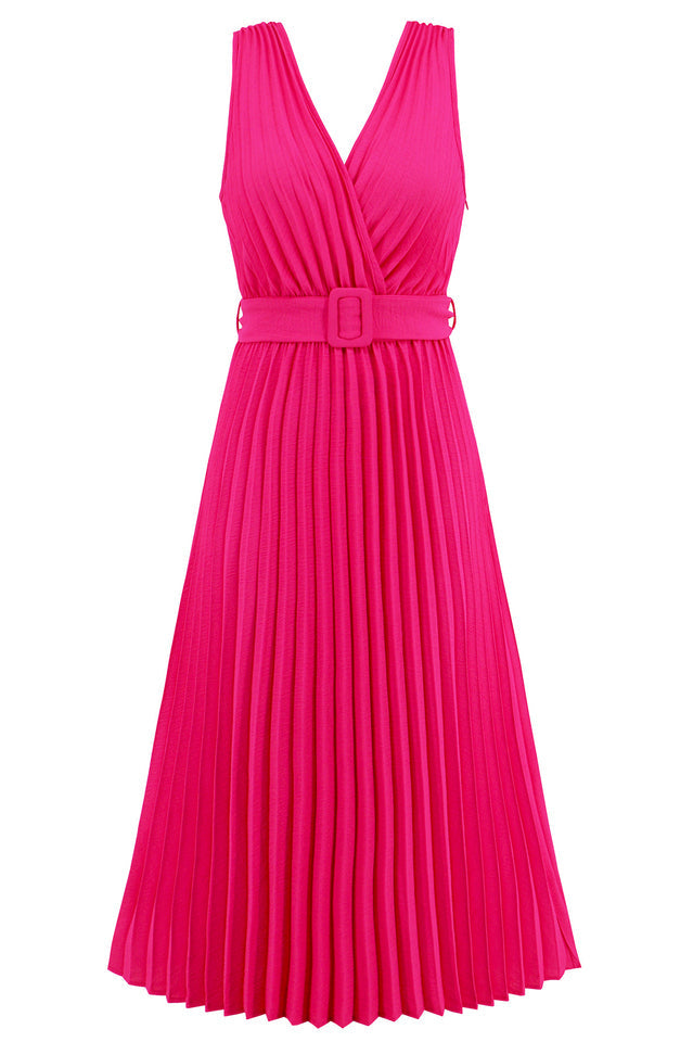 Pleated Sleeveless Dress with Belt