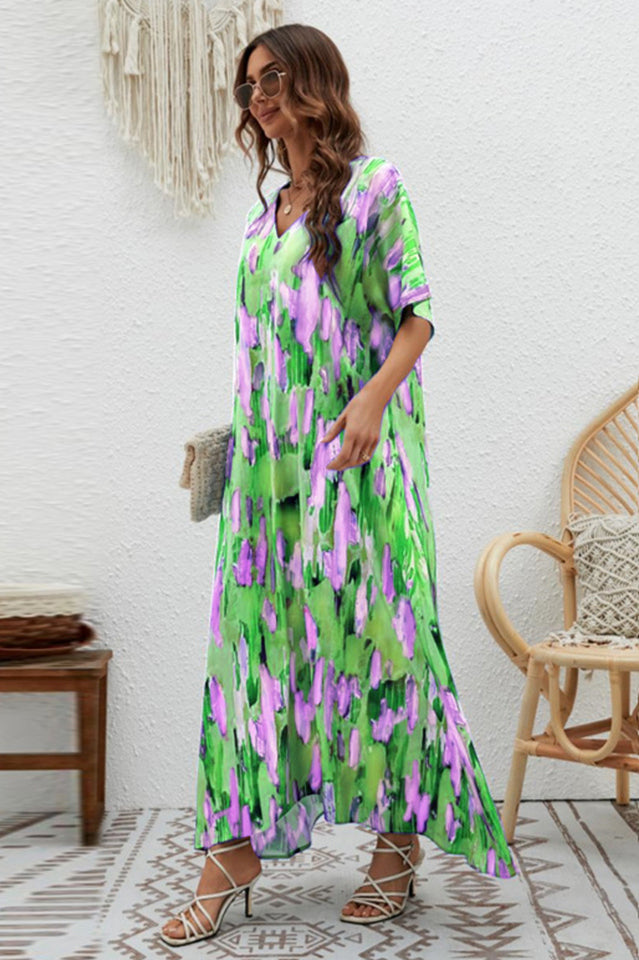 Print Short Sleeve Wide Hem Maxi Dress