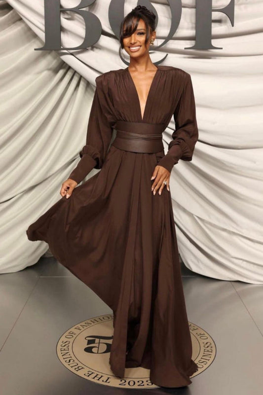 Rosey Tan Maxi Dress With Waist Belt