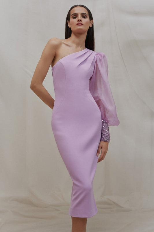 One Sleeve Sequin Detail Midi Dress