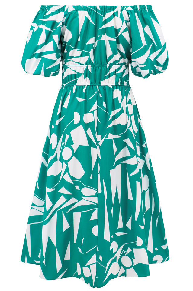 Printed Off Shoulder Balloon Sleeve Dress