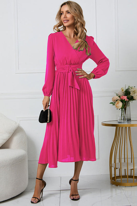 Pleated Belt V-Neck Dress
