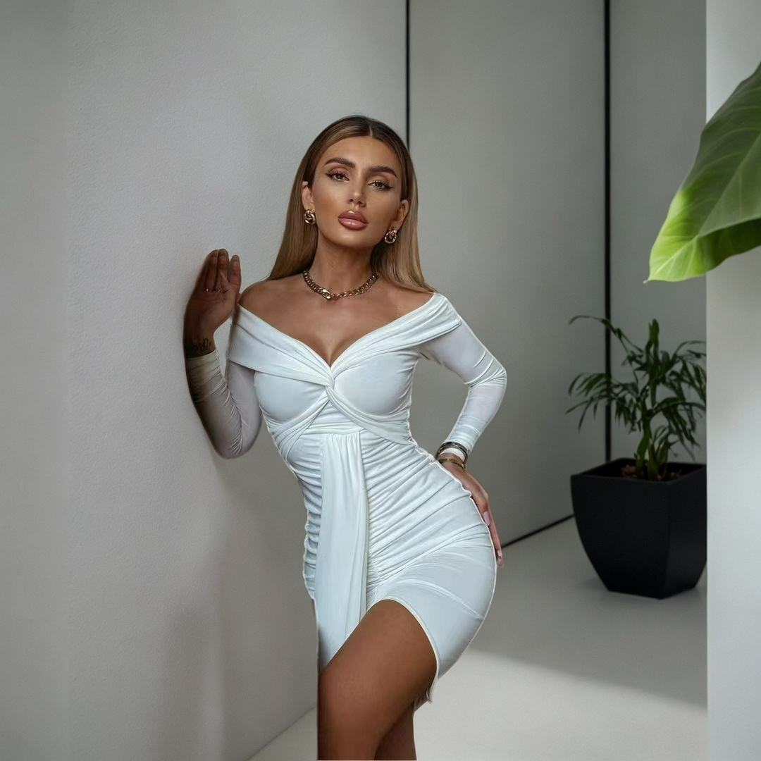Ravishing Pleated Ribbon Dress:  Off-Shoulder