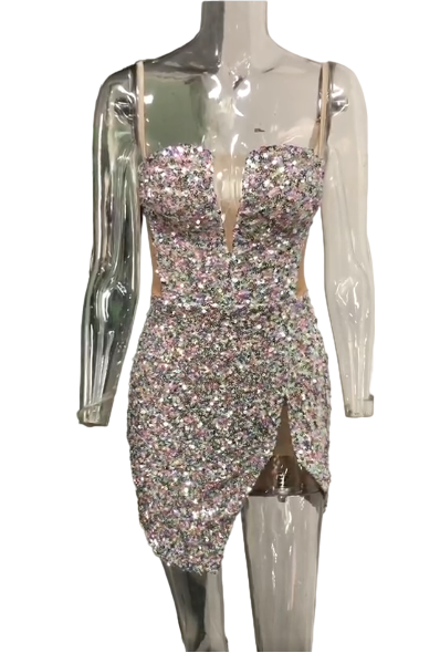 Sophisticated Silver Sling Mini Dress: Deep V-Neck Sequin Party Gown