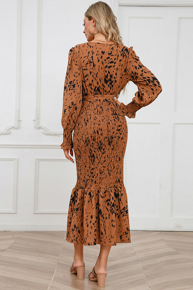 Printed V Neck Smocked Midi Dress
