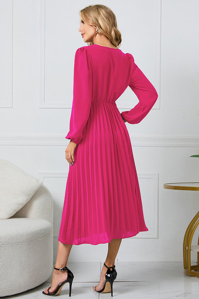 Pleated Belt V-Neck Dress