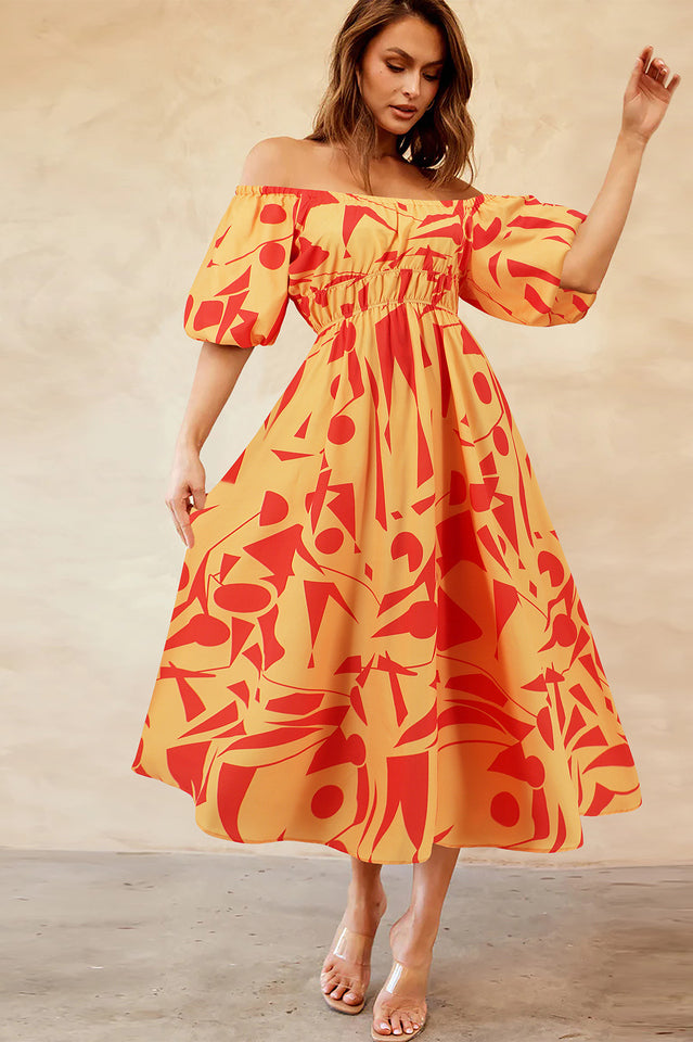 Printed Off Shoulder Balloon Sleeve Dress
