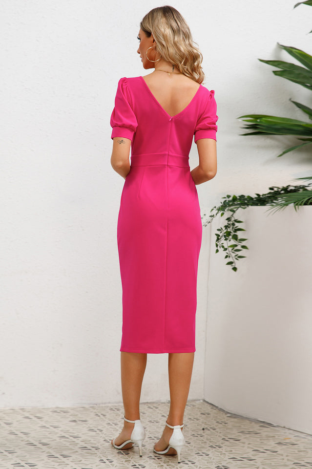 Puff Sleeve Ruffle Slit Bodycon Midi Dress